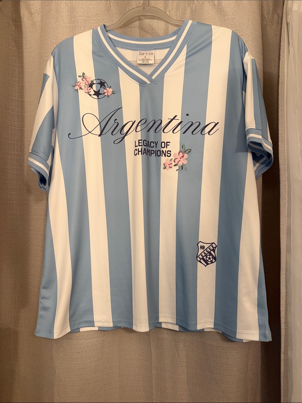 Zoe + Liv Argentina Stripe Soccer Tee - Light Blue & White